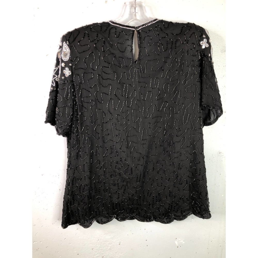 Laurence Kazar Vintage Short Sleeve silk top, Beaded, Black & Silver, Sz L - Picture 7 of 11